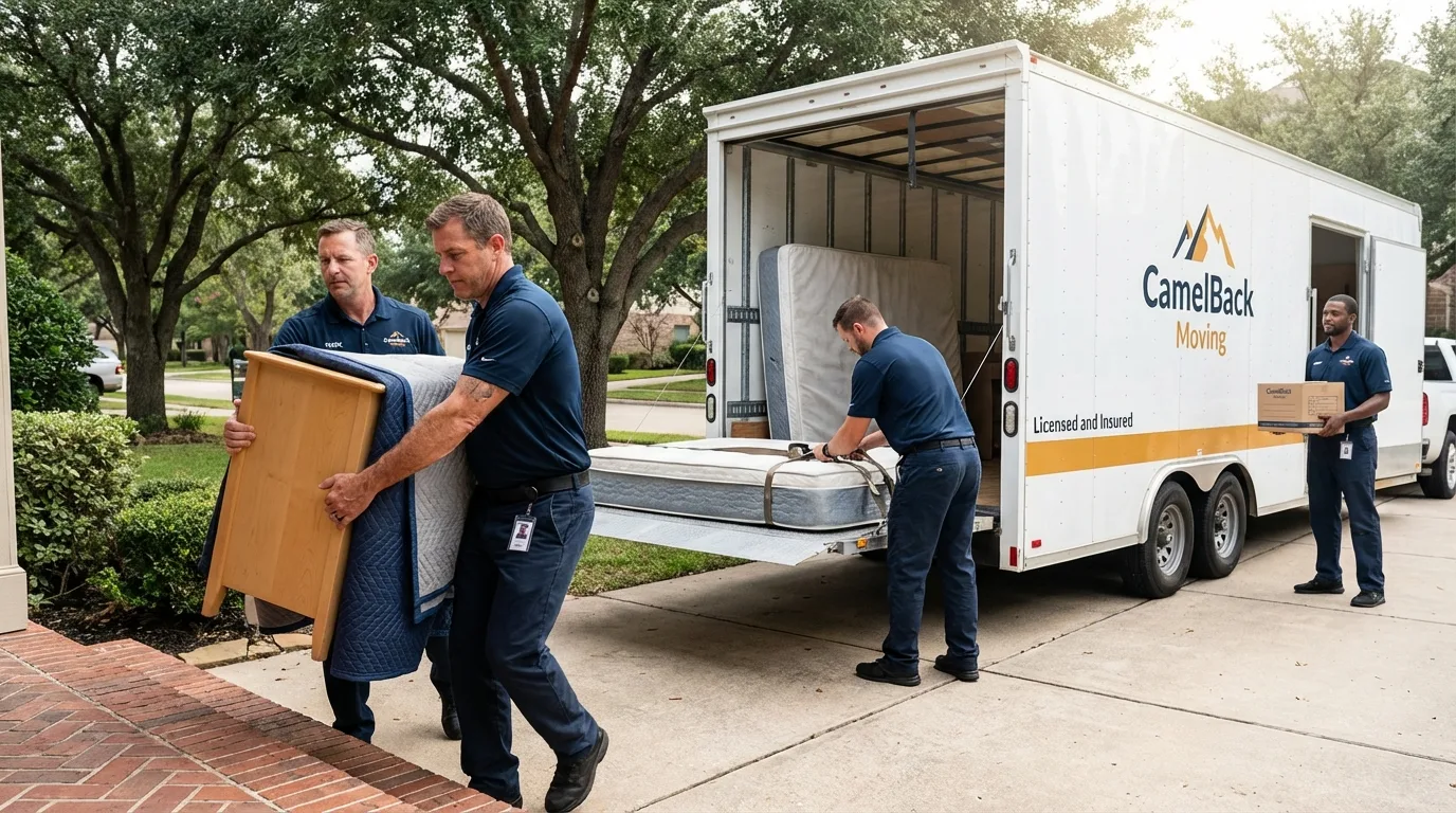 Crew loading residential truck for cross-state move from Weyauwega, WI