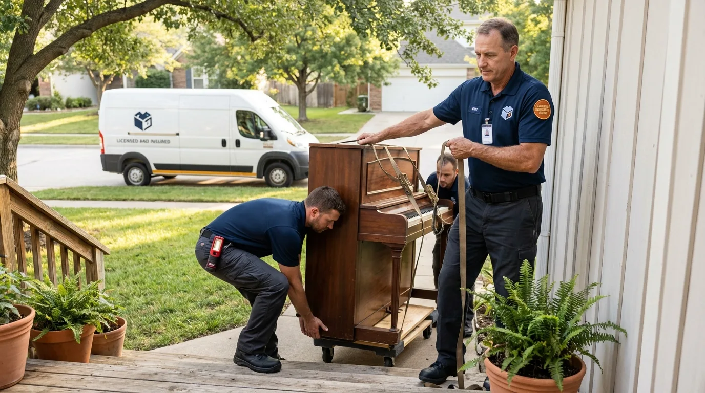 Licensed piano movers securing grand piano in Weyauwega, WI
