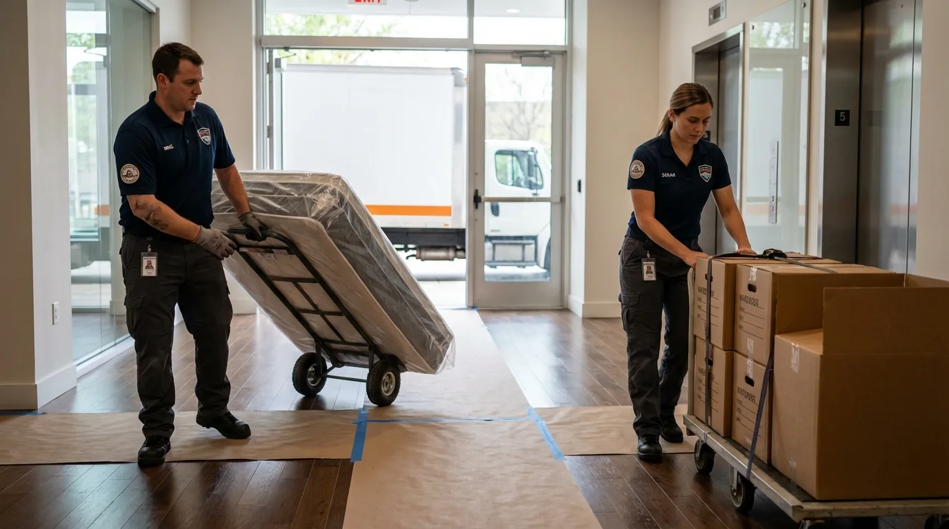 Professional apartment movers loading elevator in Weyauwega, WI