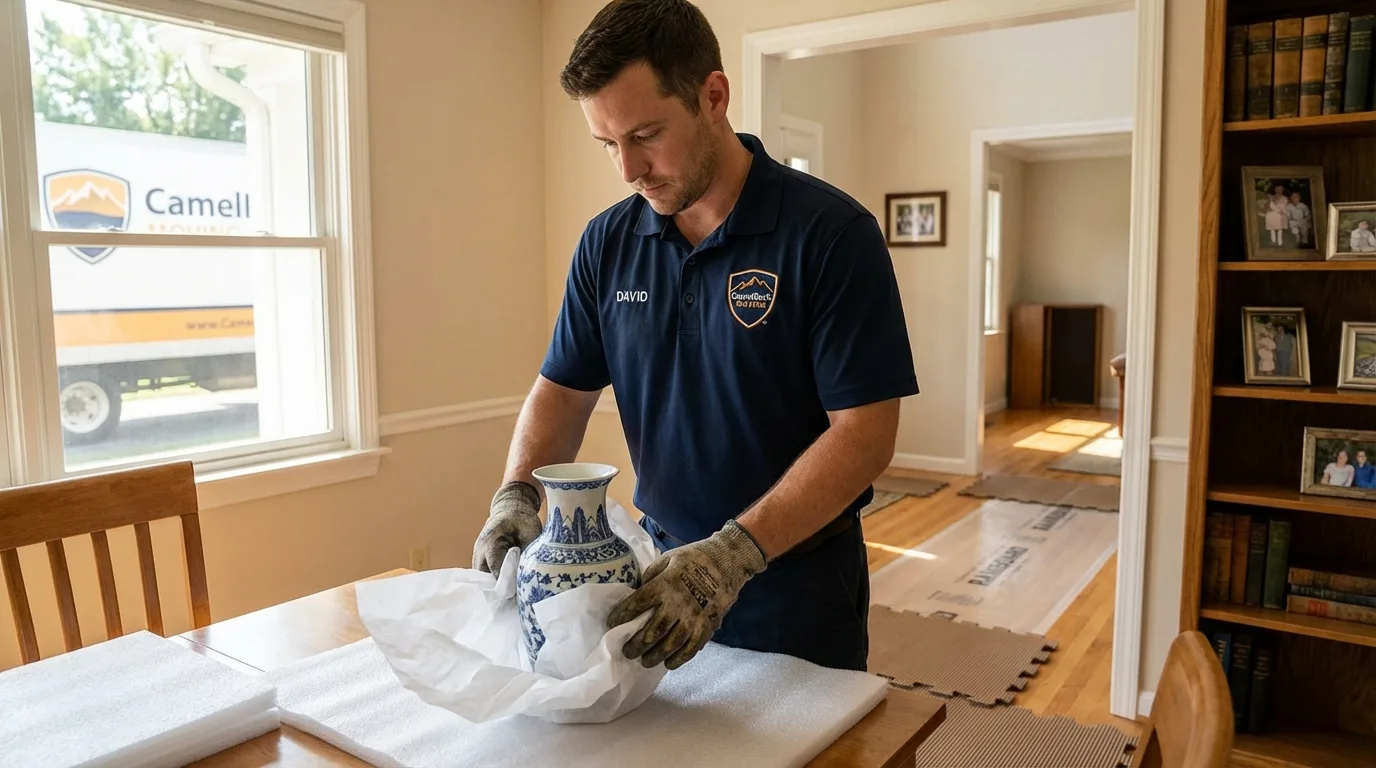 Professional crew carefully wrapping antique vase for senior downsizing move in Weyauwega, WI