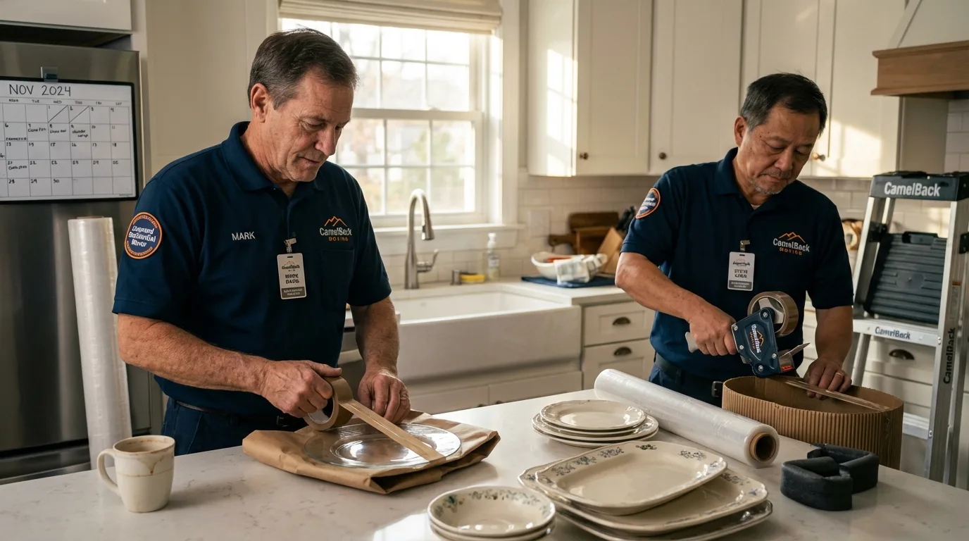Professional crew packing kitchen dishware in Weyauwega, WI